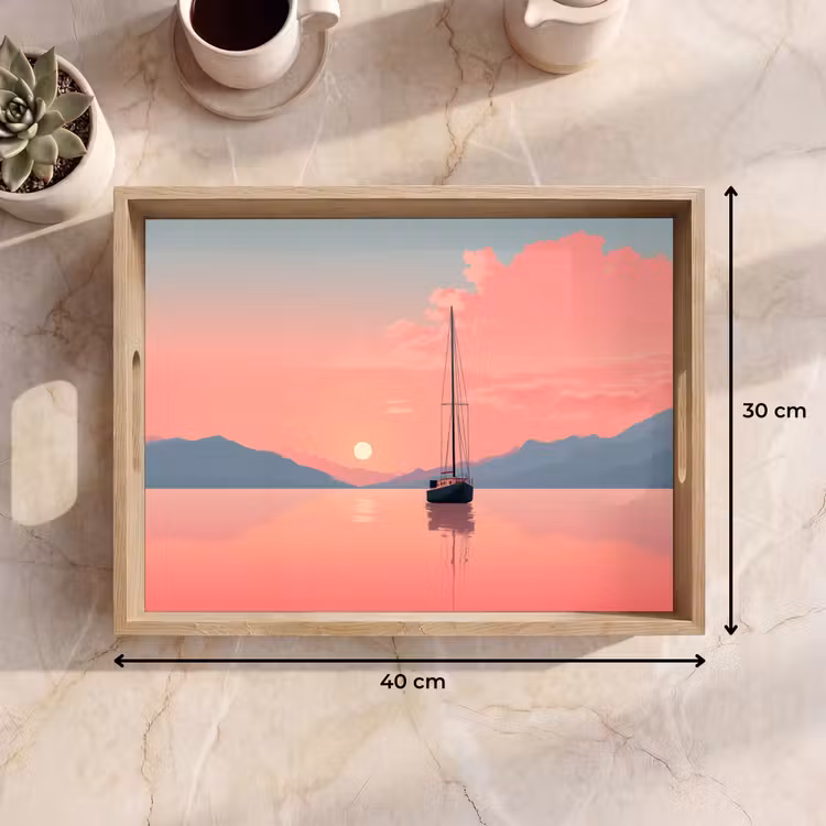 Tablett - Segelboot - Rosa Meer - Sonnenuntergang - Berge — 7