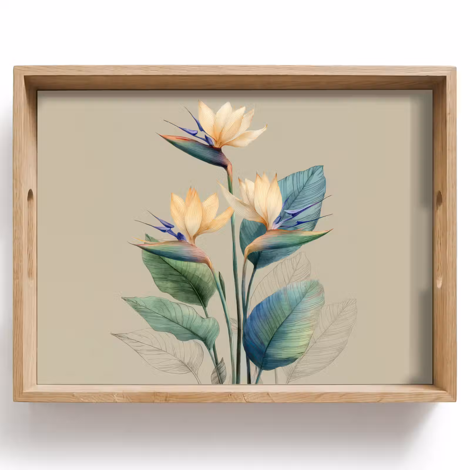 Tablett - Paradiesvogelblüten - Blaugrüne Blätter - Beige — 1