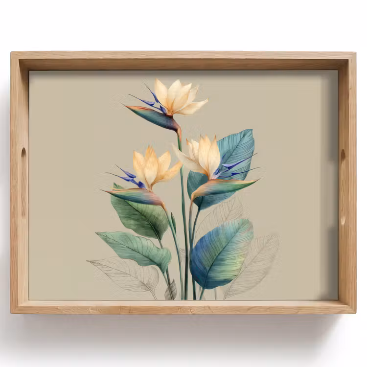 Tablett - Paradiesvogelblüten - Blaugrüne Blätter - Beige — 1