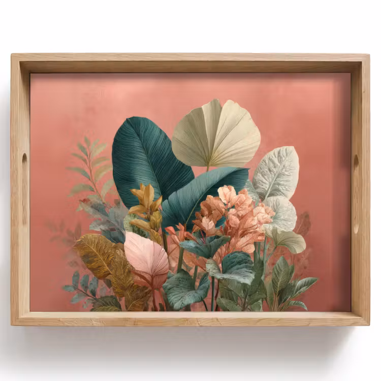 Tablett - Tropische Blätter - Blumen - Rosa - Grün — 1