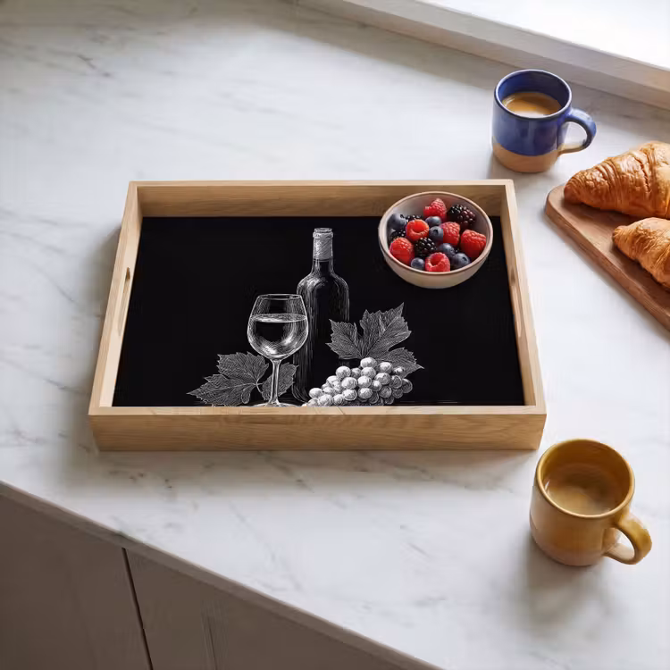 Tablett - Weinflasche - Glas - Weintrauben - Blätter — 3