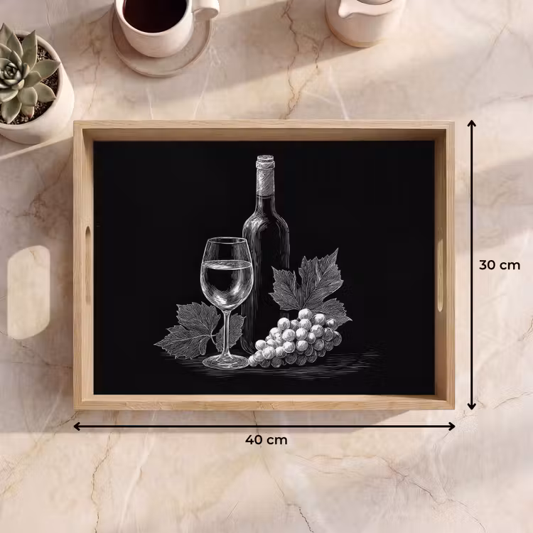 Tablett - Weinflasche - Glas - Weintrauben - Blätter — 7
