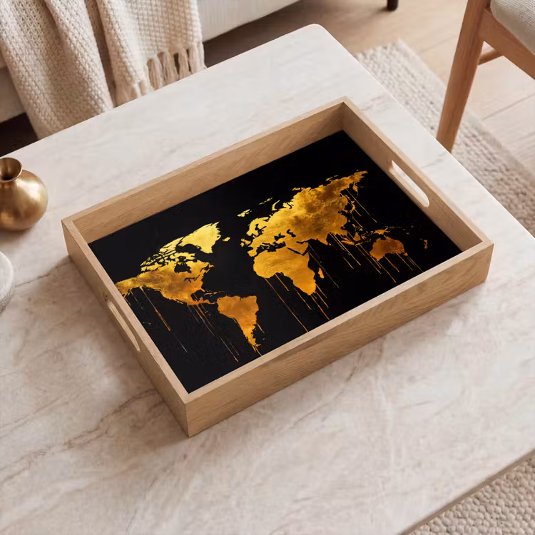 Tablett - Weltkarte - Gold - Tropfend - Schwarz — 2