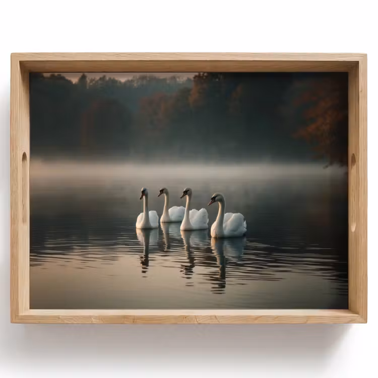 Tablett - Schwäne - Weiß - Wasser - Nebel — 1