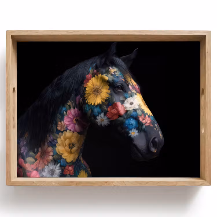 Tablett - Pferd - Blumen - Schwarz — 1