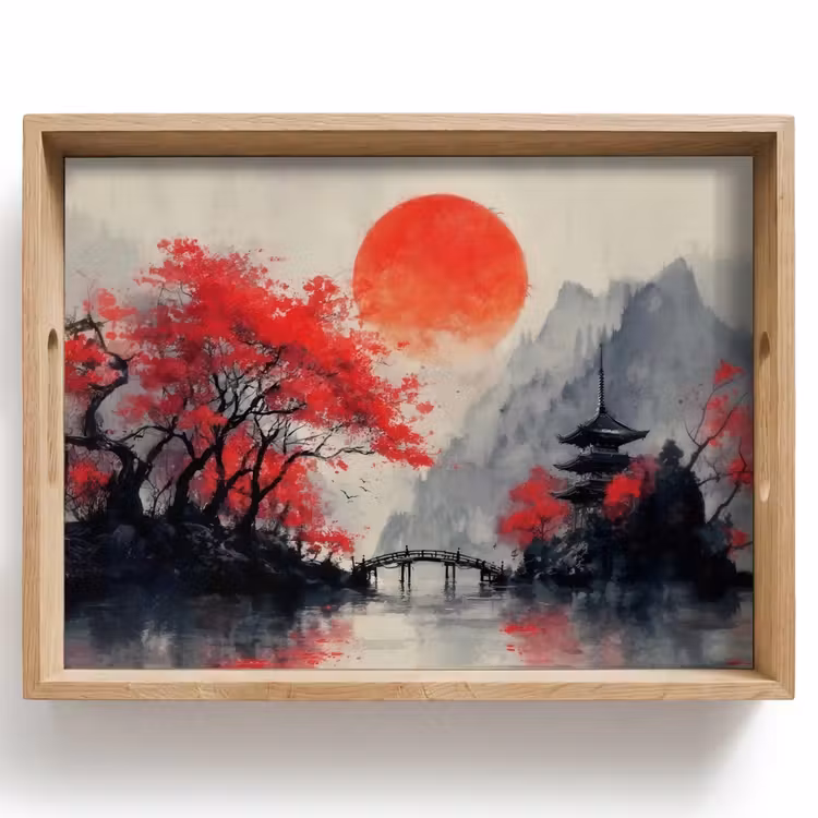 Tablett - Rote Sonne - Fluss - Brücke - Bäume — 1