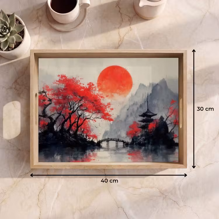 Tablett - Rote Sonne - Fluss - Brücke - Bäume — 7