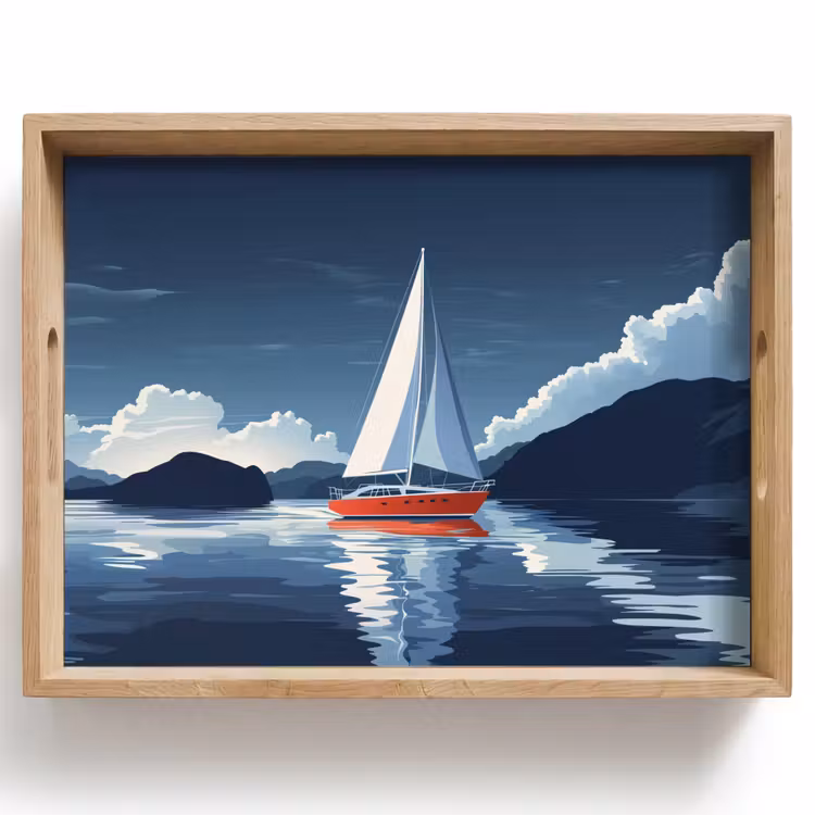 Tablett - Segelboot - Dunkle Berge - Stille — 1