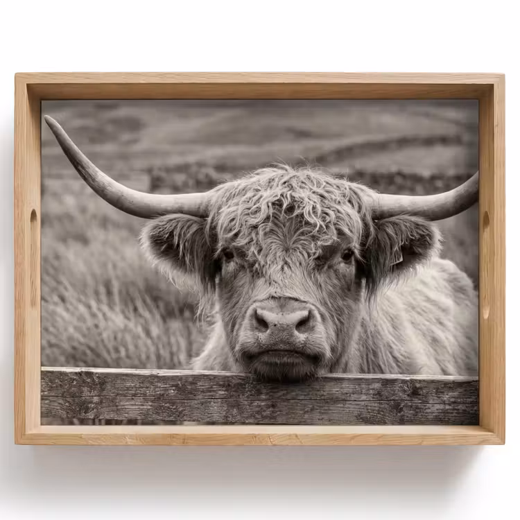 Tablett - Schottischer Highlander - Schwarz - Weiß - Holz — 1