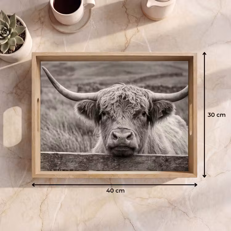 Tablett - Schottischer Highlander - Schwarz - Weiß - Holz — 7