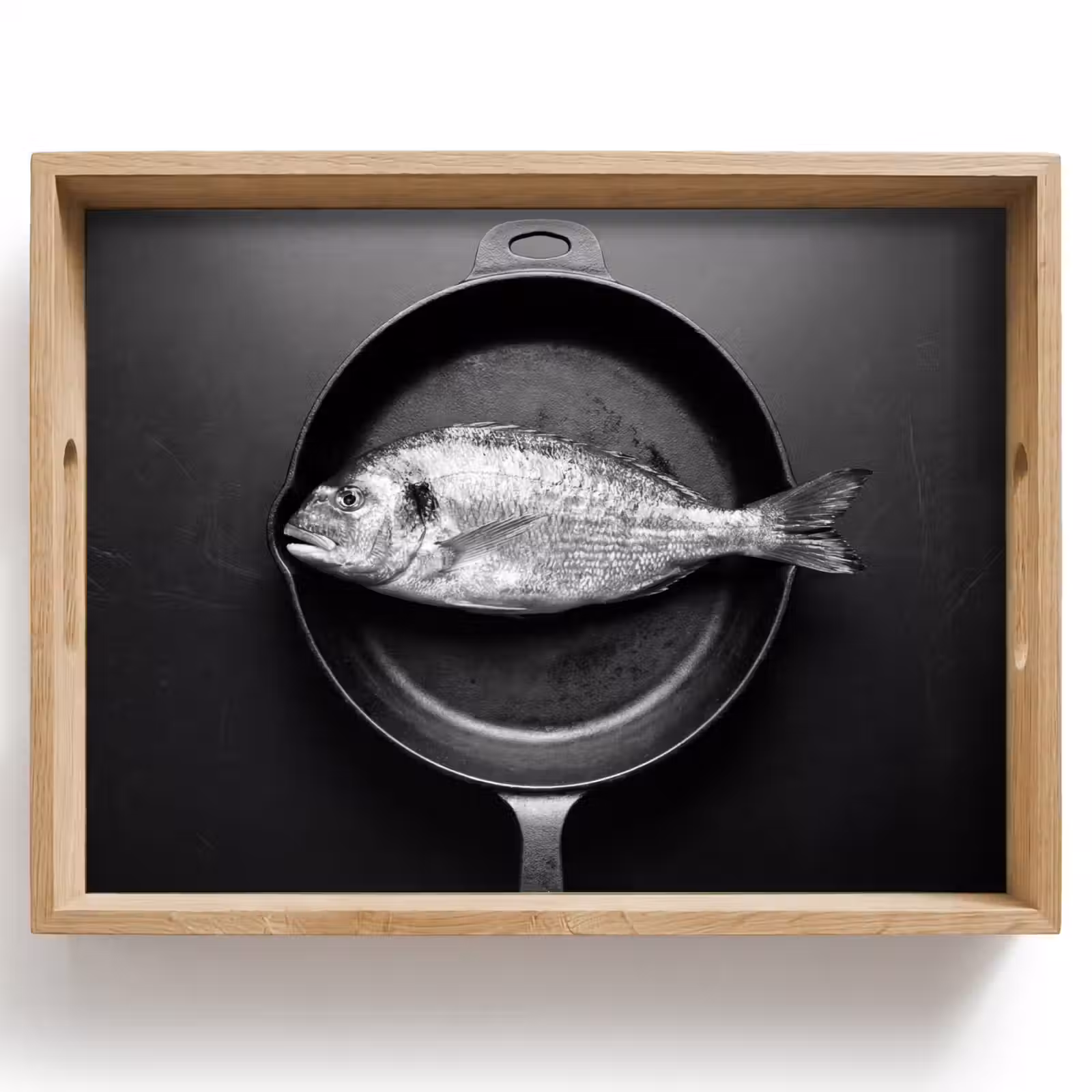 Tablett - Pfanne - Fisch - Schwarz - Weiß — 1