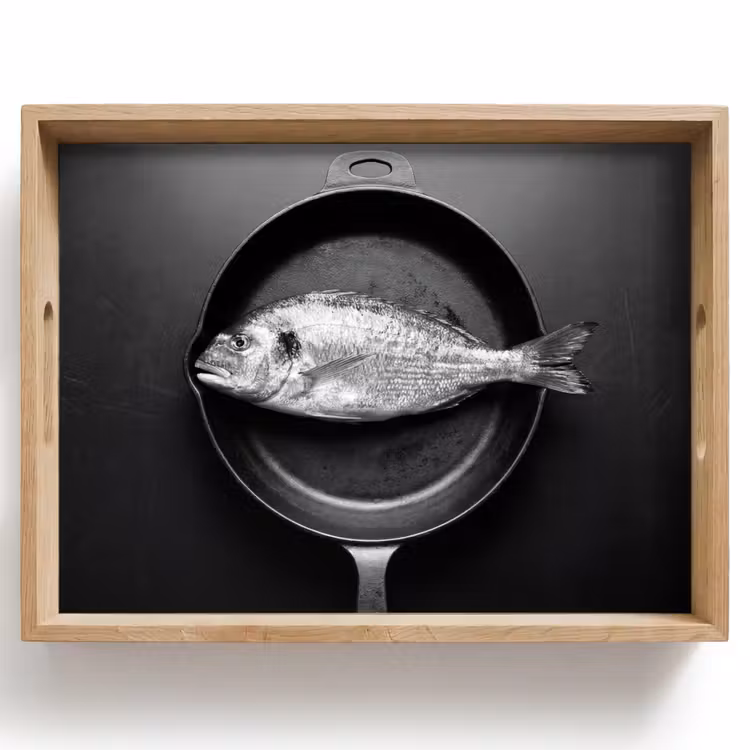 Tablett - Pfanne - Fisch - Schwarz - Weiß — 1