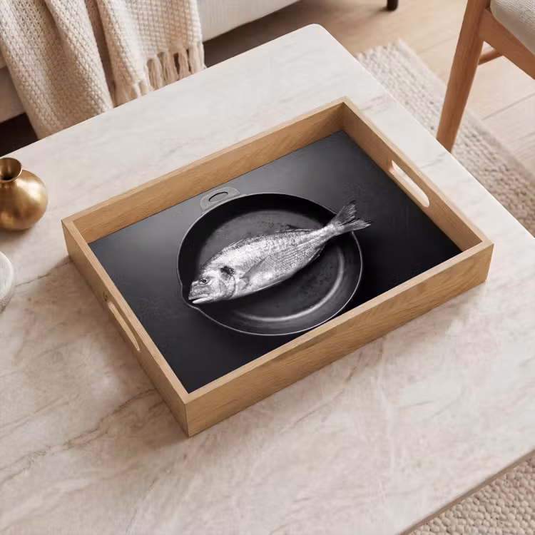 Tablett - Pfanne - Fisch - Schwarz - Weiß — 2