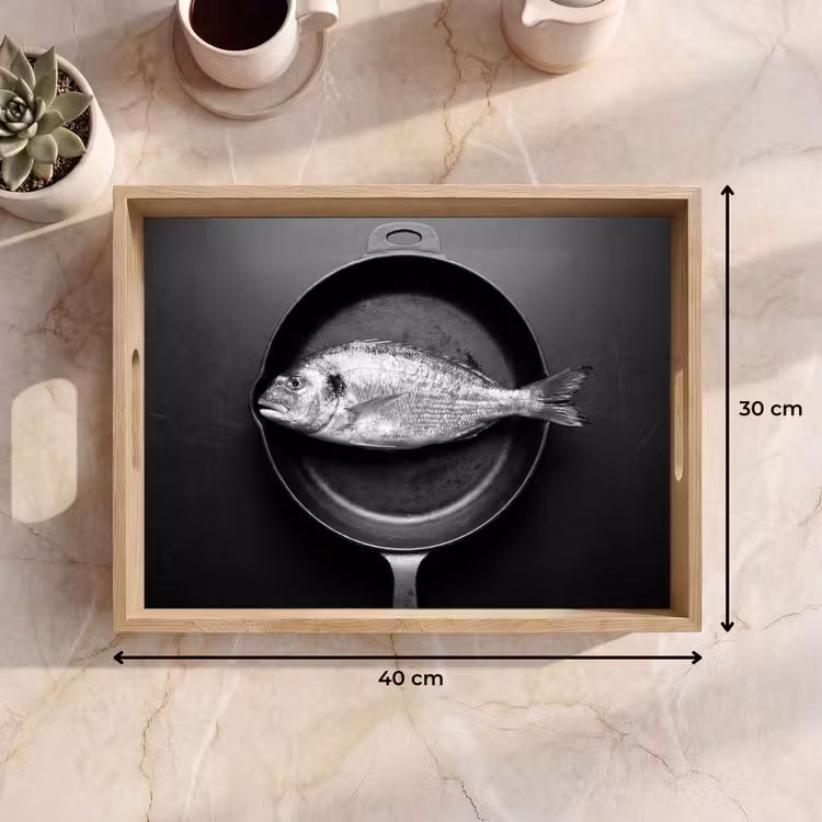 Tablett - Pfanne - Fisch - Schwarz - Weiß — 7