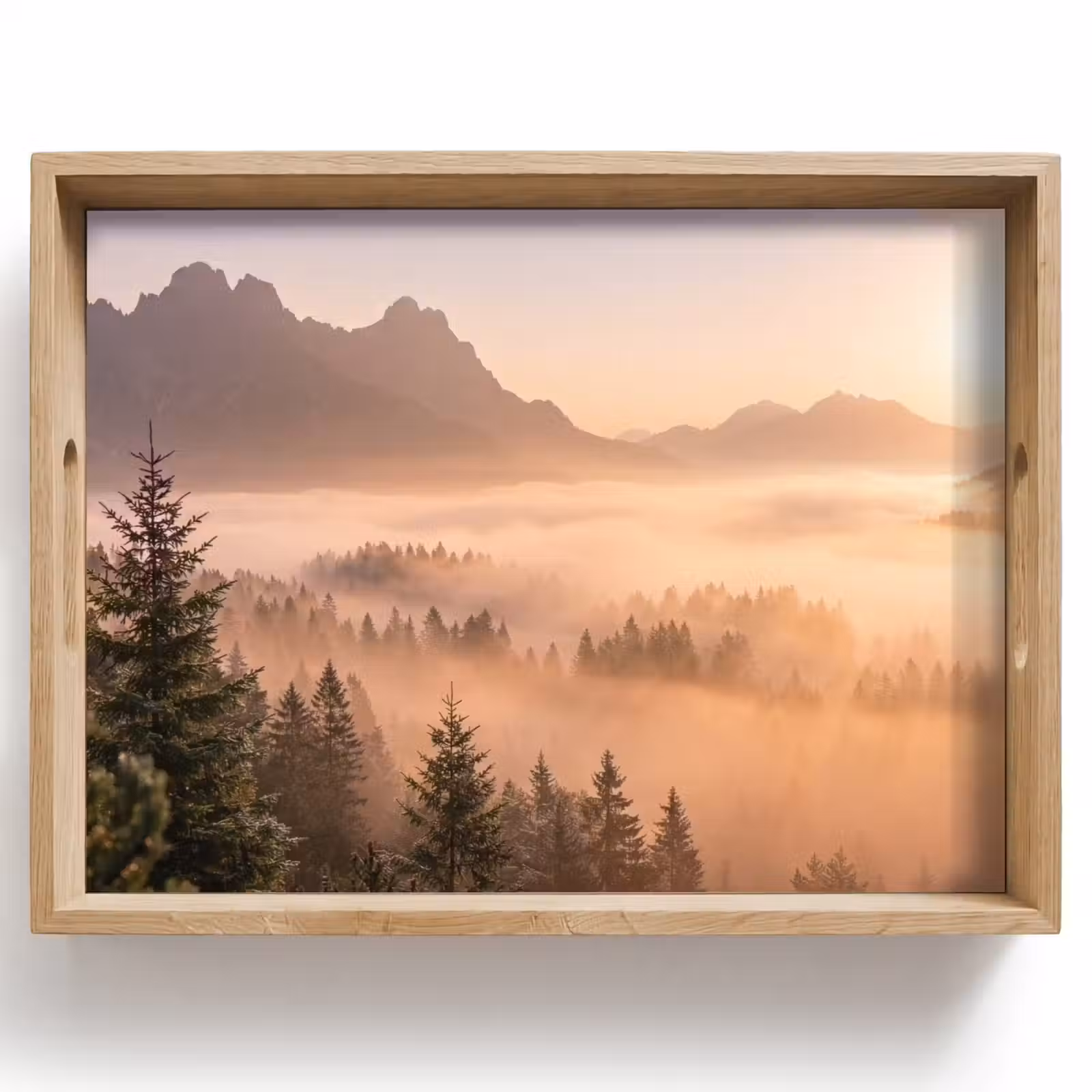 Tablett - Sonnenlicht - Nebel - Berge - Bäume — 1