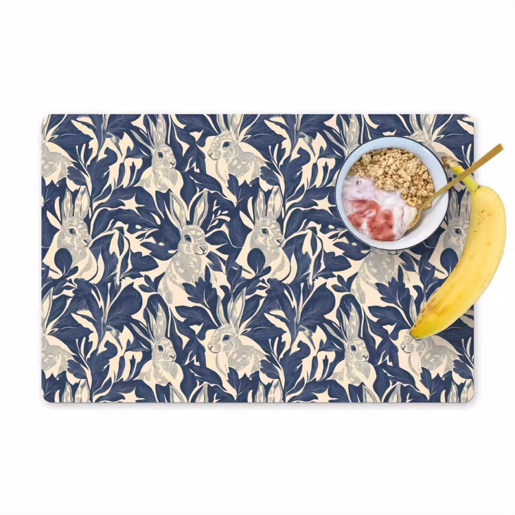 Tischset - 6 Stück - Hasen - Blätter - Muster - Blau - Beige - 6 Stück — 1