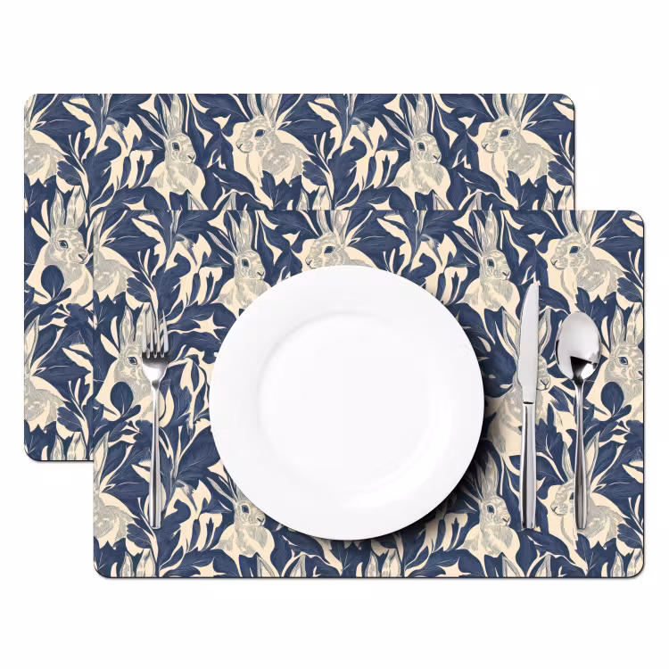 Tischset - 6 Stück - Hasen - Blätter - Muster - Blau - Beige - 6 Stück — 2