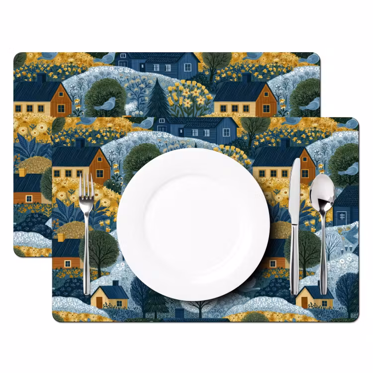 Tischset - 6 Stück - Häuser - Blumen - Muster - Gelb - Blau - 6 Stück — 2