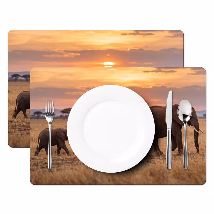 Tischset - 6 Stück - Elefanten - Savanne - Sonnenuntergang - Afrika - Warm - 6 Stück — 2