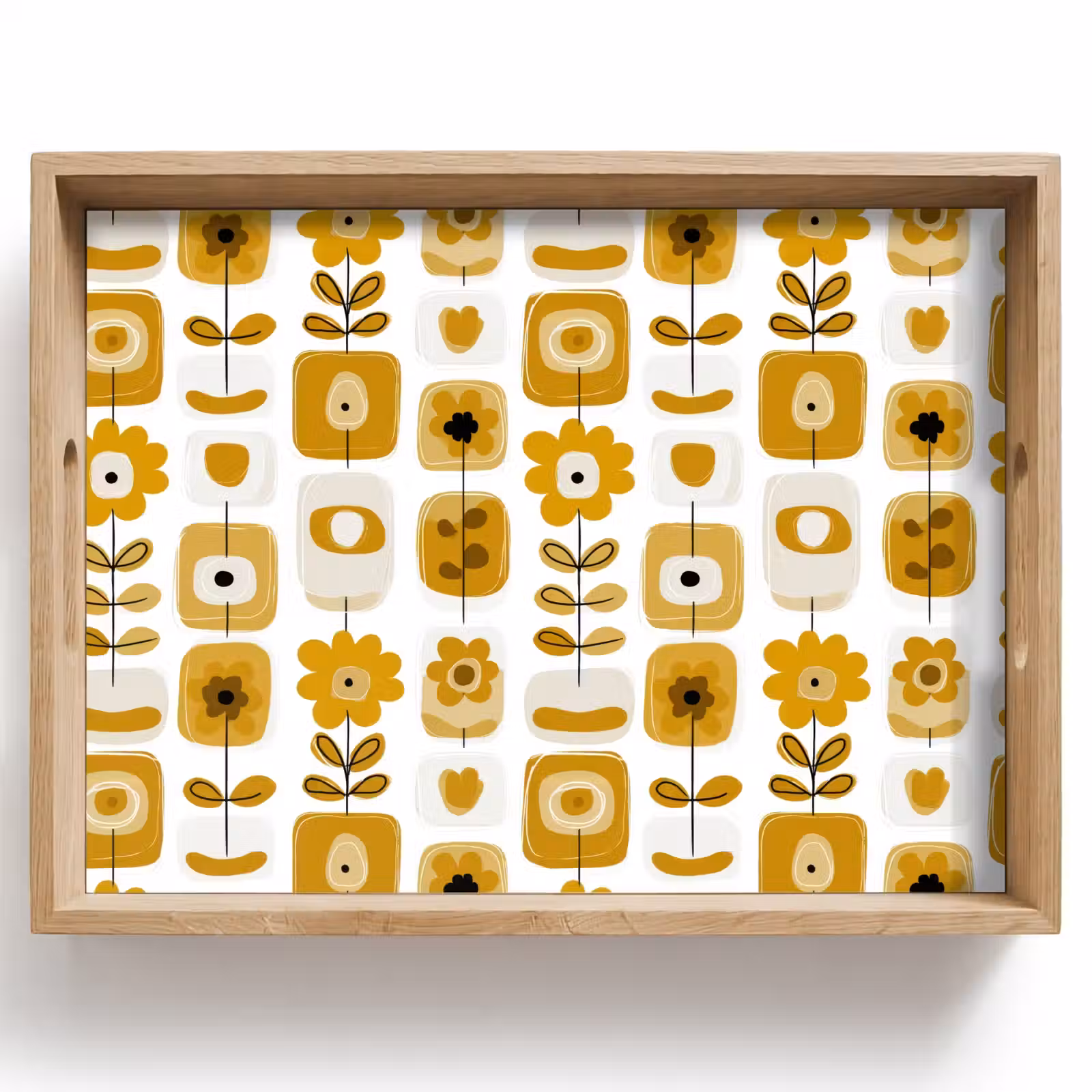 Tablett - Retro – Abstrakt – Blumen – Ockergelb — 1