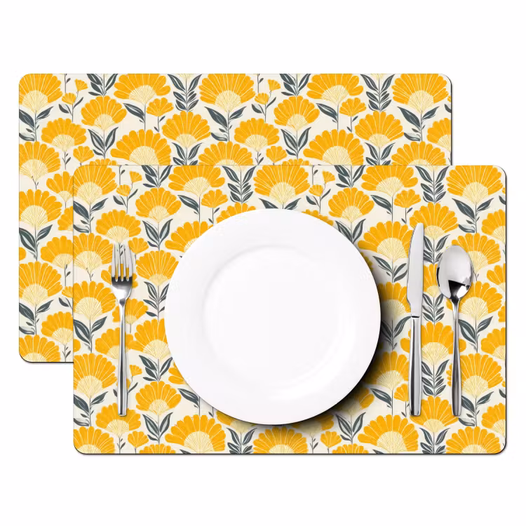 Tischset - 6 Stück - Blumen – Retro – Botanisch – Ockergelb – Grau - 6 Stück — 2
