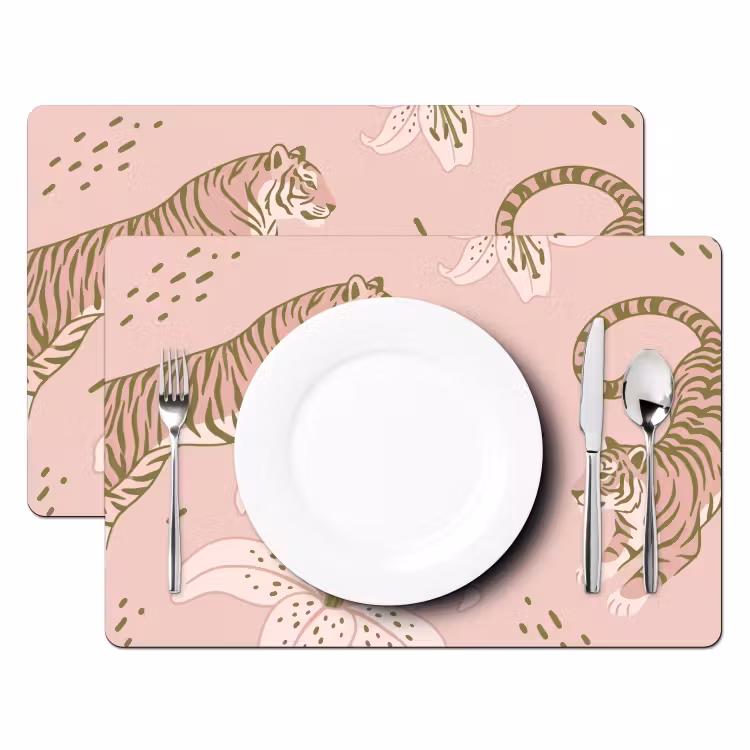 Tischset - 6 Stück - Katze – Springend – Blumen – Abstrakt – Rosa - 6 Stück — 2