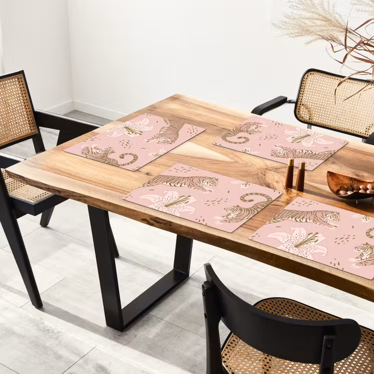 Tischset - 6 Stück - Katze – Springend – Blumen – Abstrakt – Rosa - 6 Stück — 4