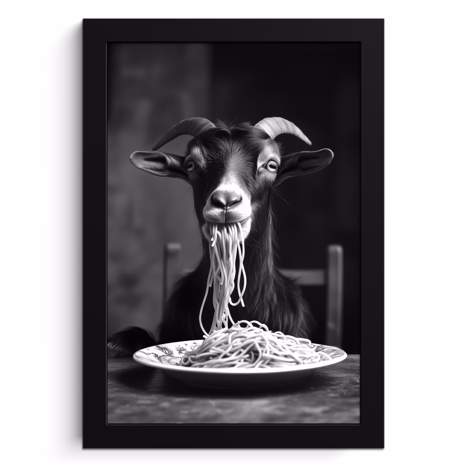 Bilder mit Rahmen - Ziege - Teller - Spaghetti - Schwarz und weiß — 1