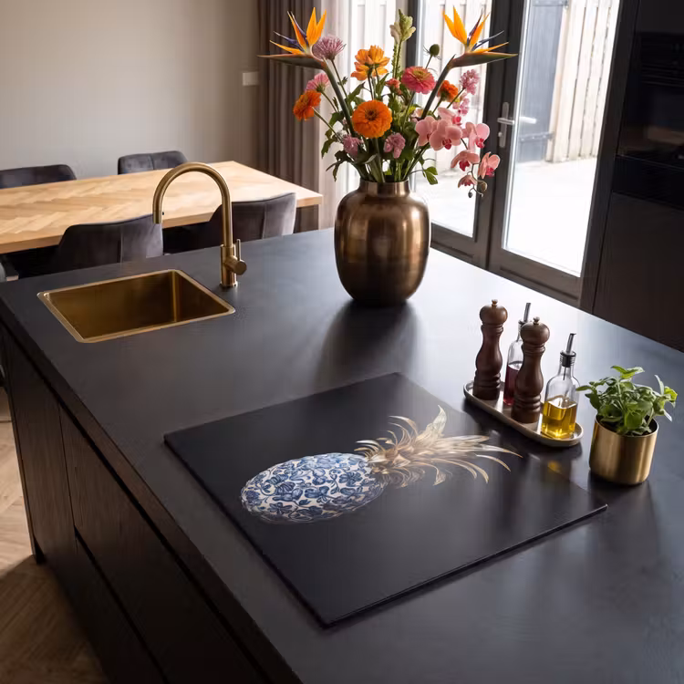 Herdabdeckplatte - Ananas - Blumenmuster - Gold - Delfter Keramik — 2
