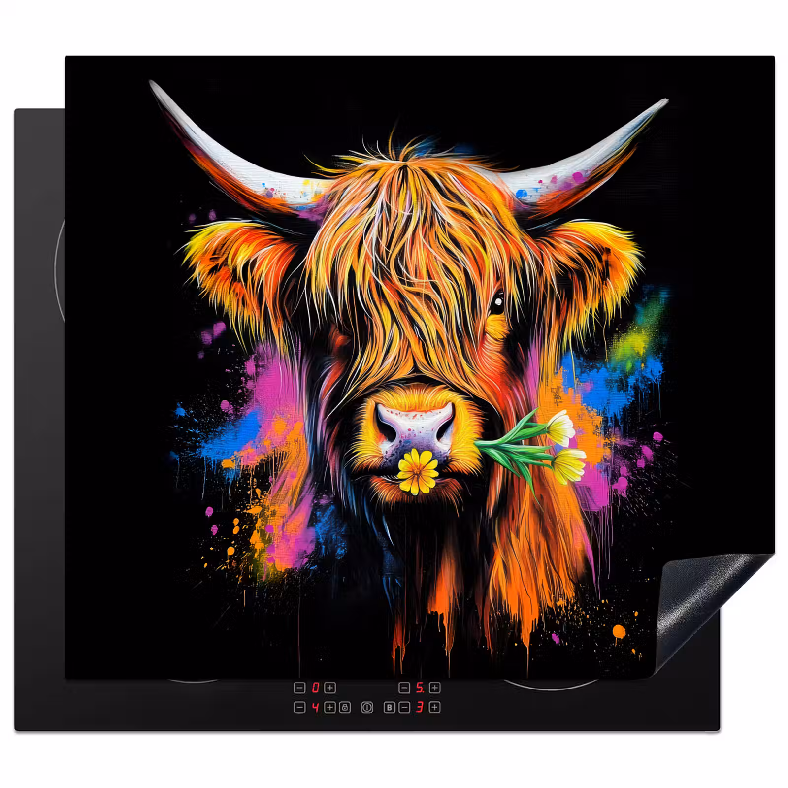 Herdabdeckplatte - Schottischer Highlander - Graffiti - Bunt - Blume - Tiere — 1