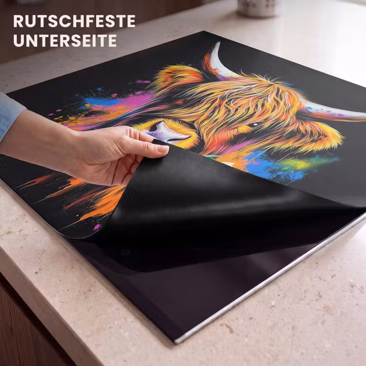 Herdabdeckplatte - Schottischer Highlander - Graffiti - Bunt - Blume - Tiere — 6