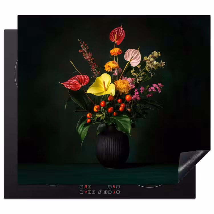 Herdabdeckplatte - Blumen - Vase - Schwarz — 1