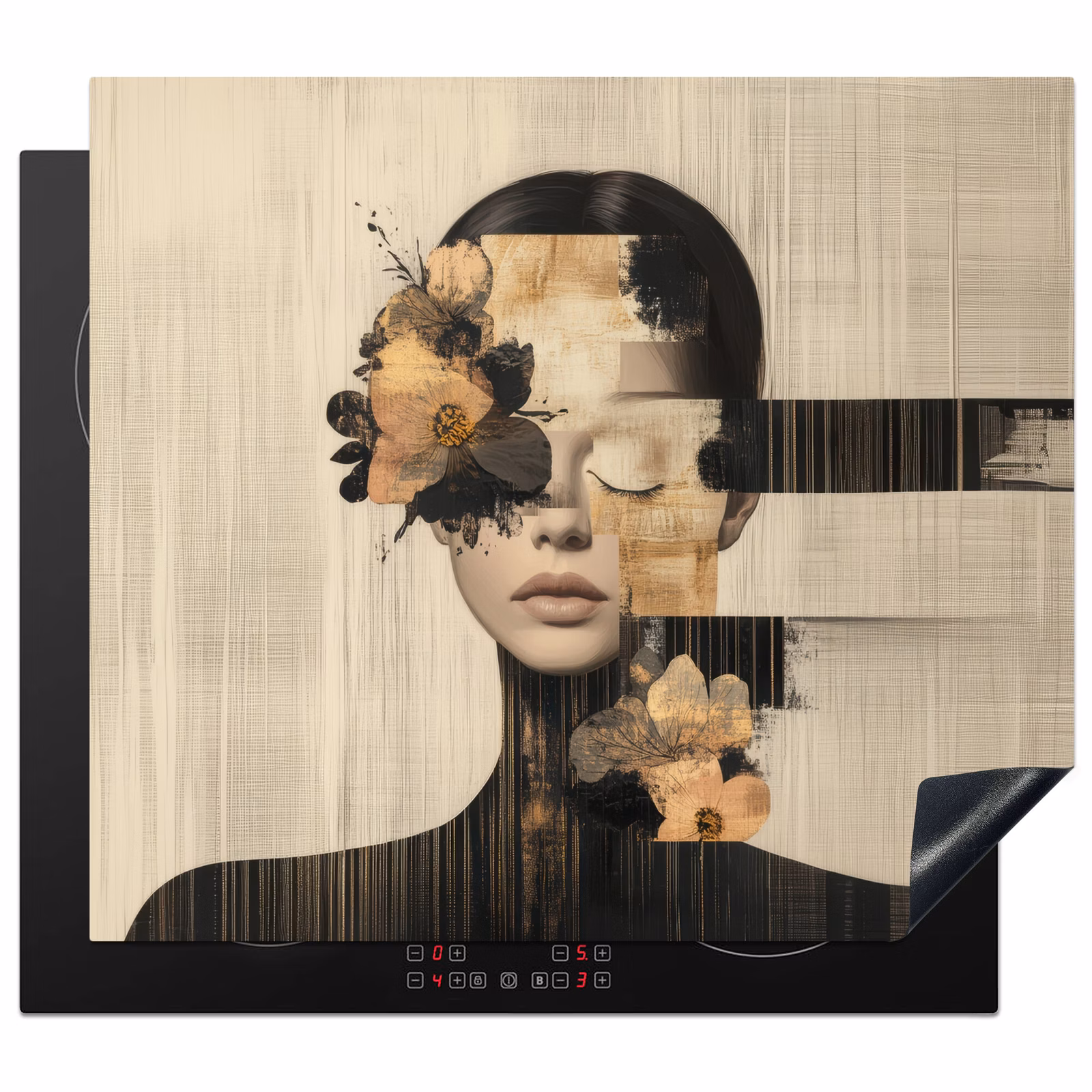 Herdabdeckplatte - Gesicht - Blumen - Schwarz - Frau — 1