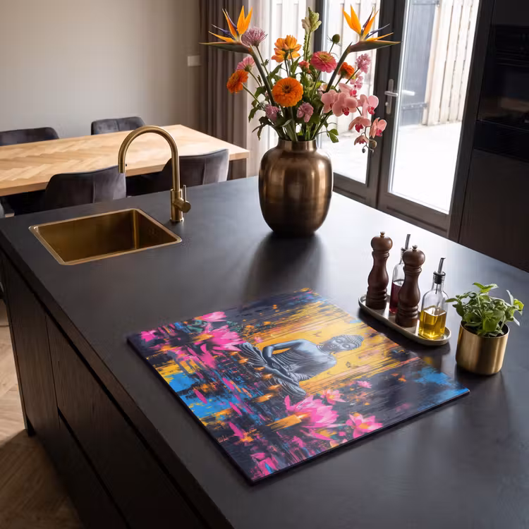 Herdabdeckplatte - Buddha - Blumen - Kerzen - Gelb — 2