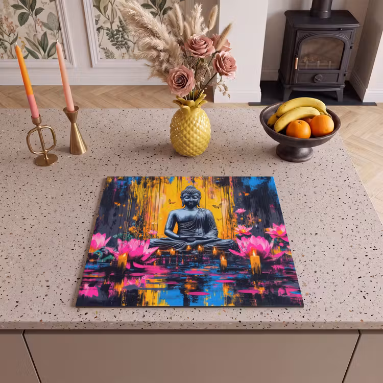 Herdabdeckplatte - Buddha - Blumen - Kerzen - Gelb — 3