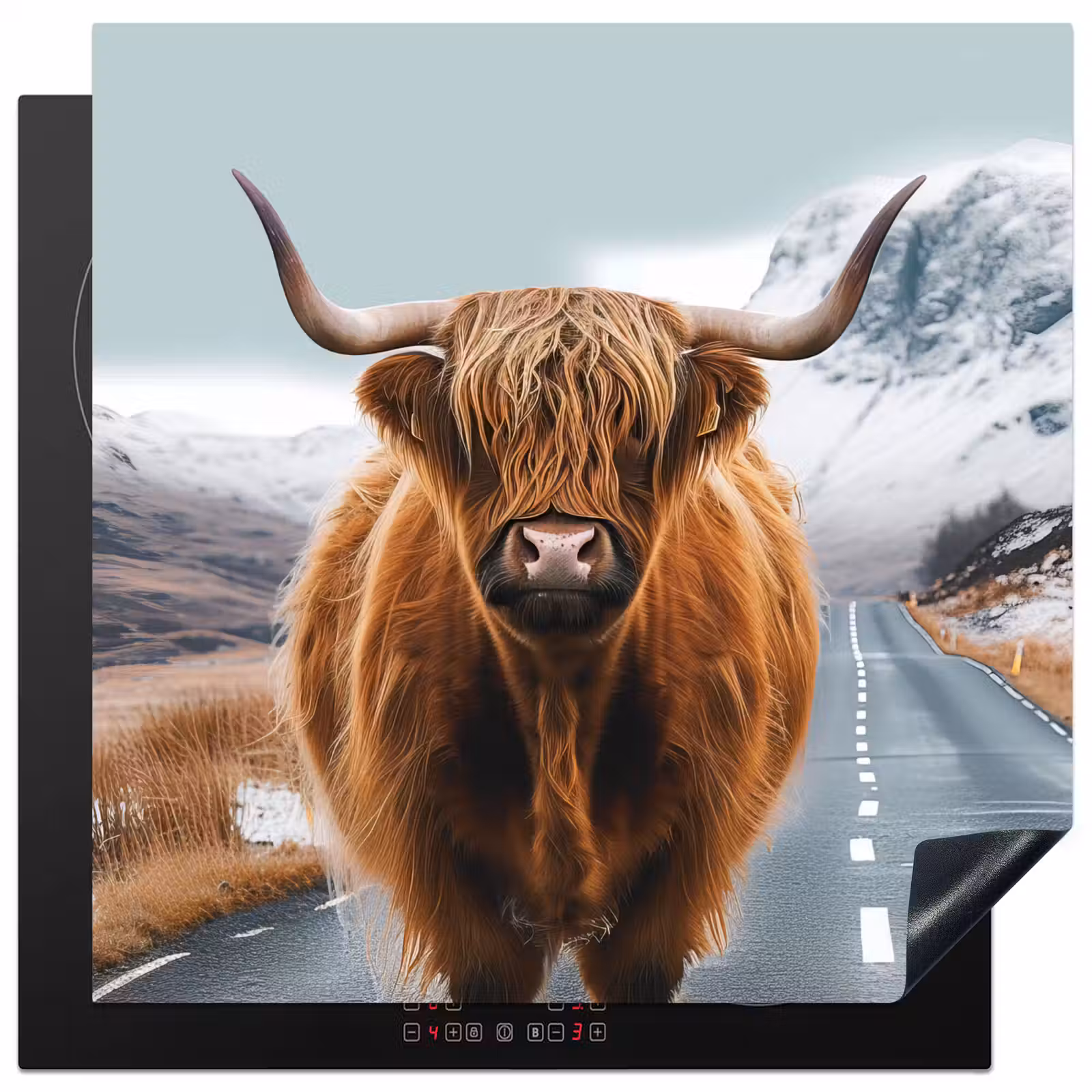 Herdabdeckplatte - Schottische Highlander - Berge - Schnee - Straße - Kuh — 1
