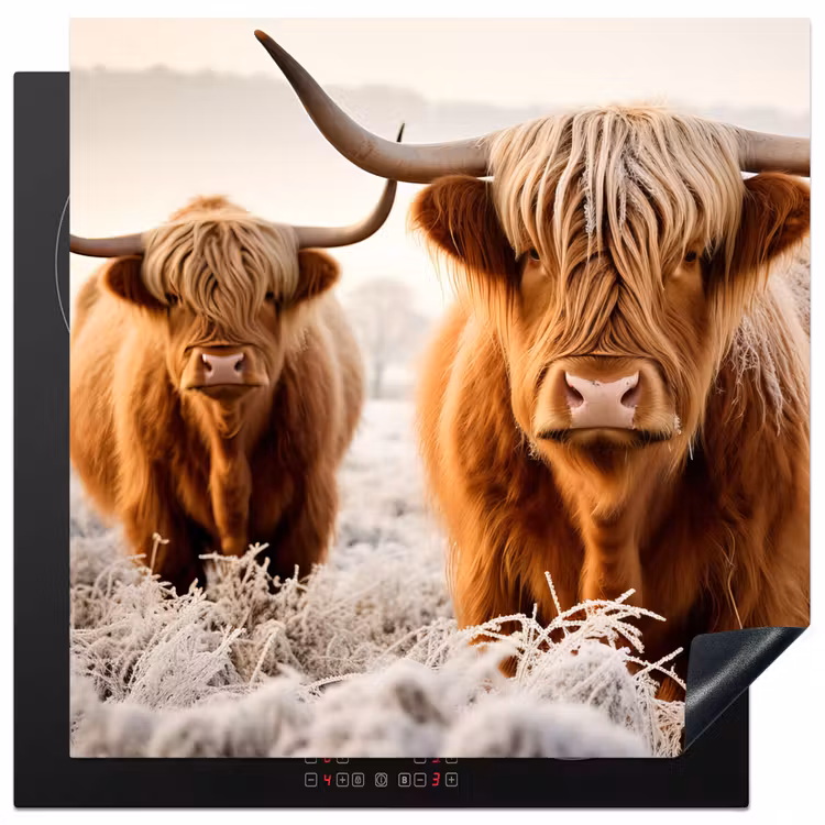 Herdabdeckplatte - Schottische Highlander - Grasfeld - Winter - Kuh — 1