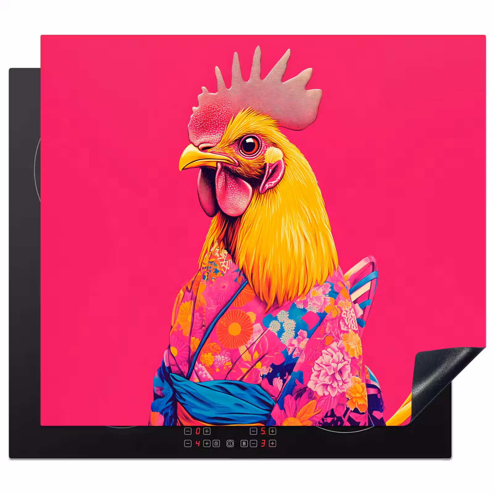 Herdabdeckplatte - Hahn - Bunt - Kimono - Rosa — 1