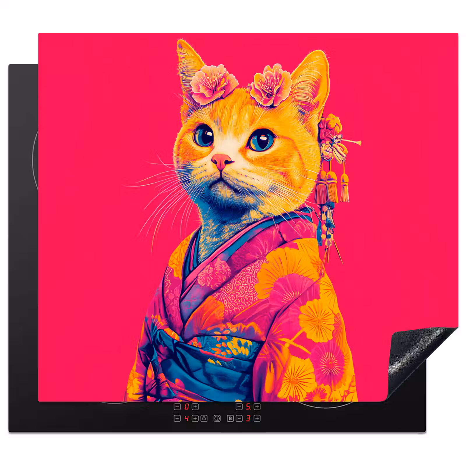 Herdabdeckplatte - Katze - Kimono - Blumen - Rosa — 1