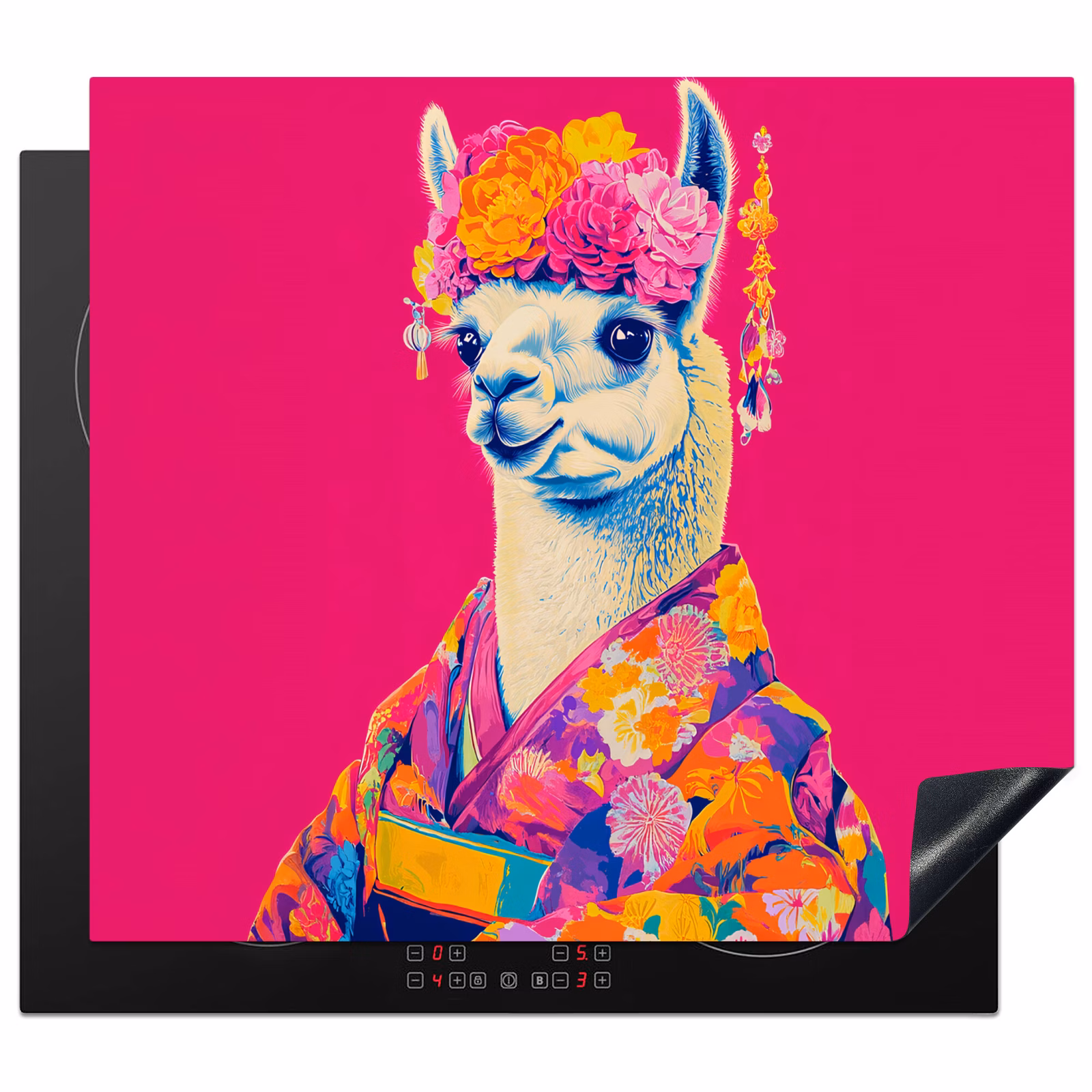 Herdabdeckplatte - Lama - Kimono - Blumenkranz - Hellrosa — 1
