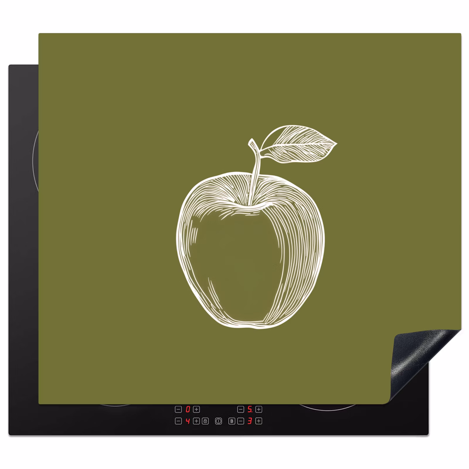 Herdabdeckplatte - Strichzeichnung - Apfel - Olivgrün - Blatt — 1