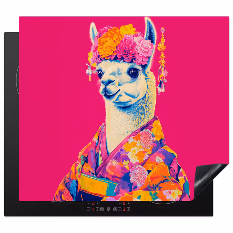 Herdabdeckplatte - Lama - Kimono - Blumenkranz - Hellrosa — 1