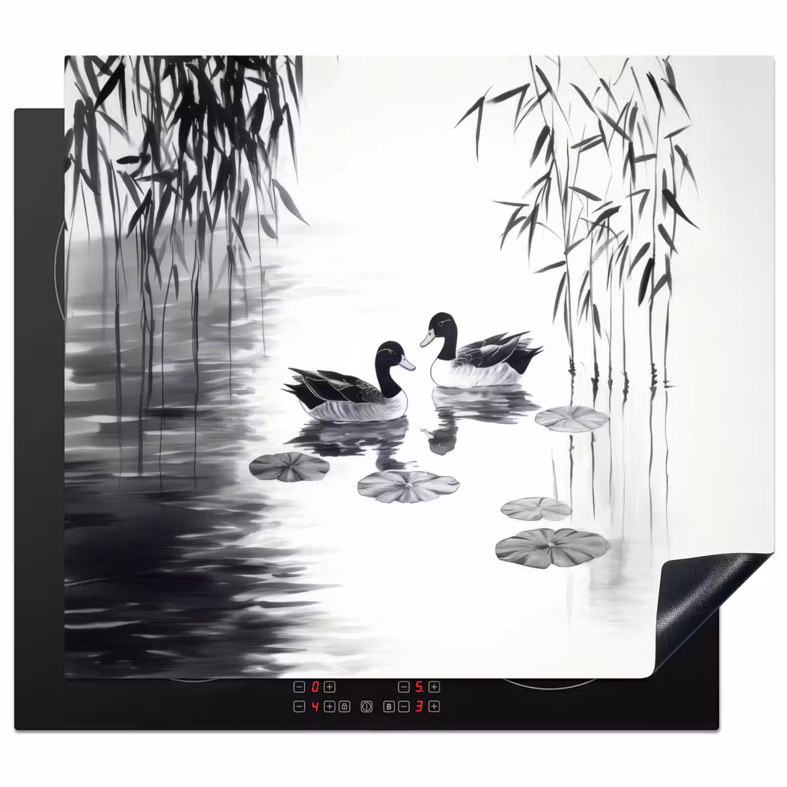 Herdabdeckplatte - Enten - Seerosen - Rohrstock - Schwarz — 1