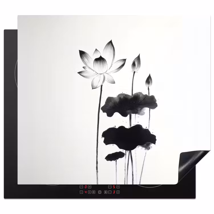 Herdabdeckplatte - Blätter - Schwarz - Lotusblume - Minimalistisch — 1