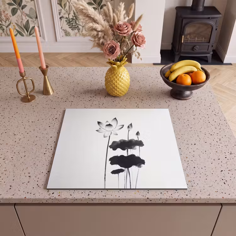 Herdabdeckplatte - Blätter - Schwarz - Lotusblume - Minimalistisch — 3