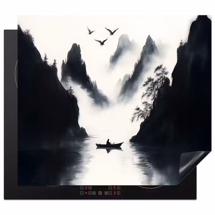 Herdabdeckplatte - Ruderboot - Neblig - Berge - Vögel — 1