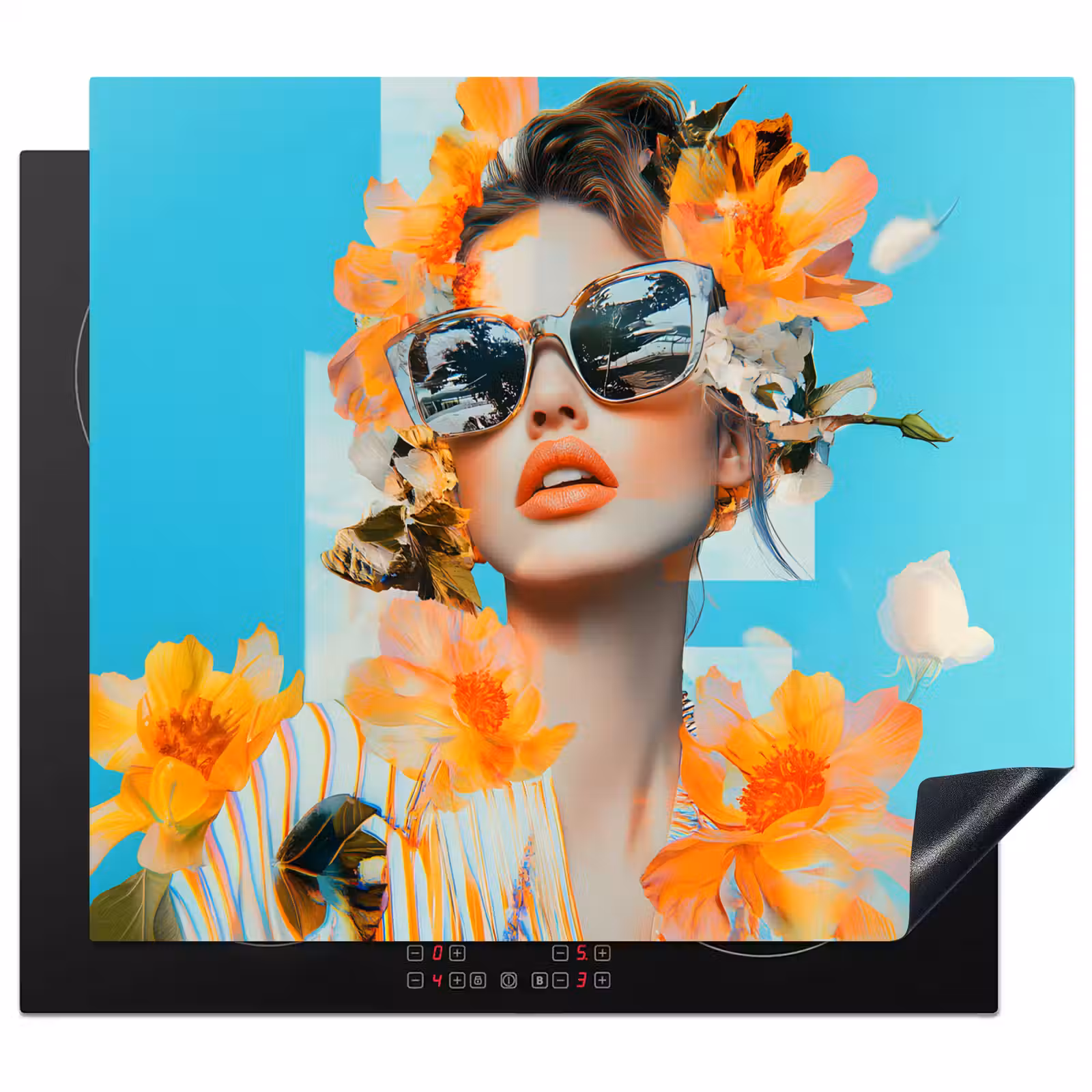Herdabdeckplatte - Blumen - Frau - Sonnenbrille - Blau — 1