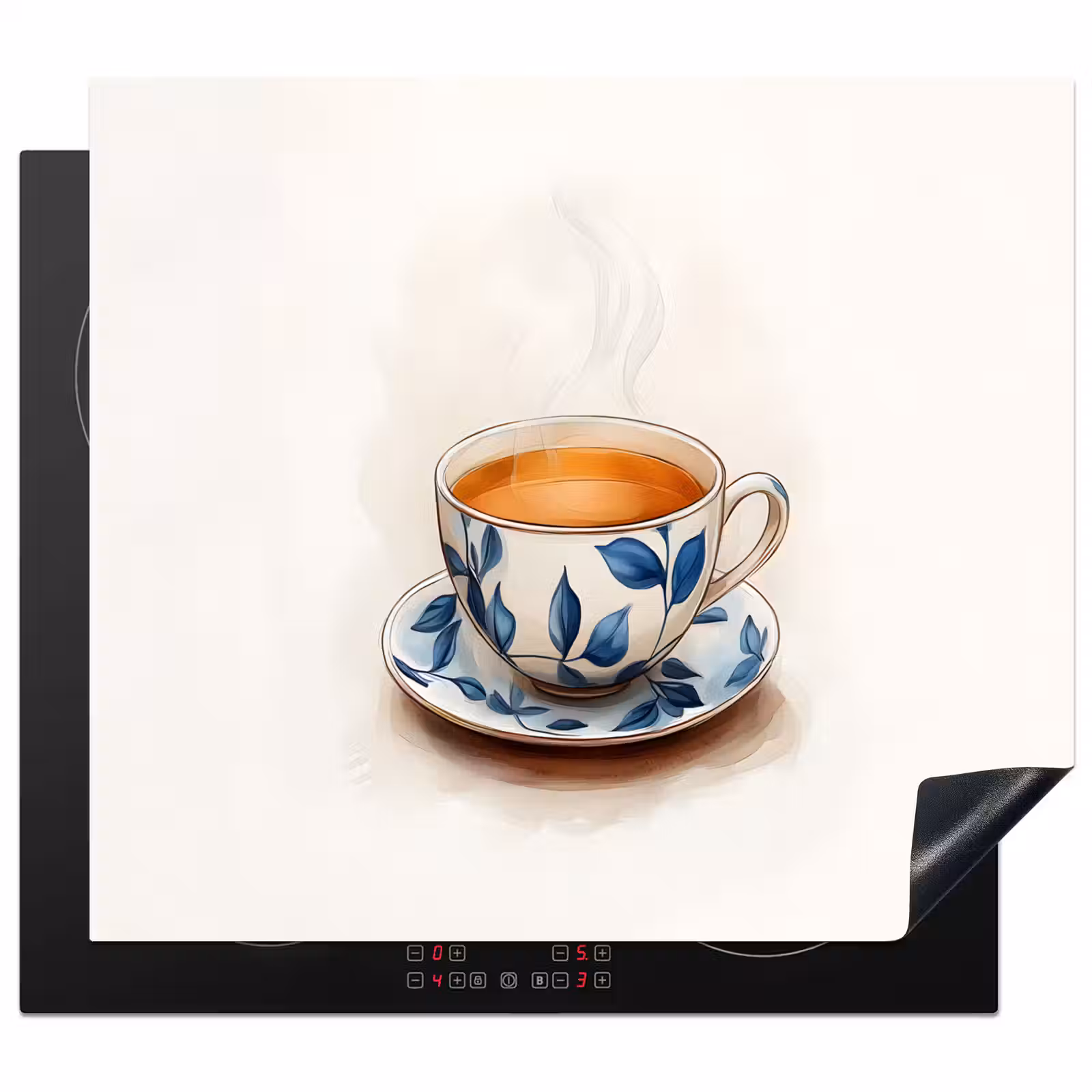 Herdabdeckplatte - Teetasse - Blätter - Blau — 1