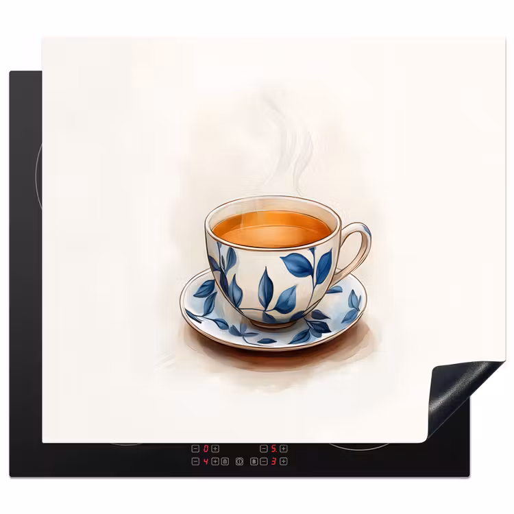 Herdabdeckplatte - Teetasse - Blätter - Blau — 1