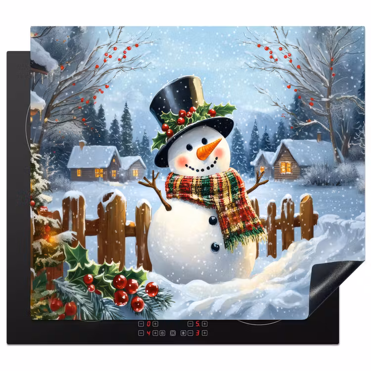 Herdabdeckplatte - Schneemann - Winterdorf - Farbenfroh — 1
